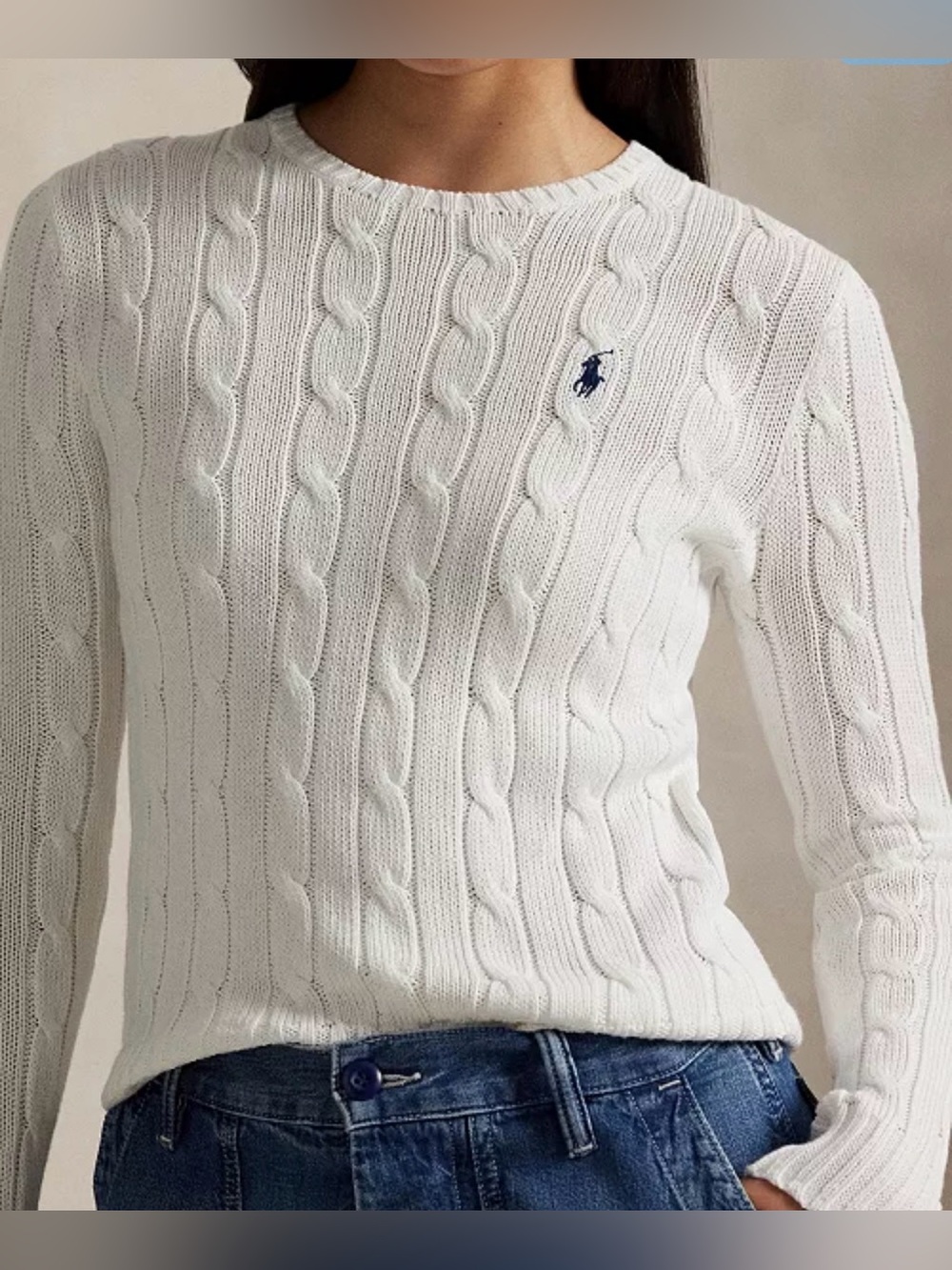 Ralph Lauren Cable Knit Sweater M Cream White Cotton Pony Crewneck Womens